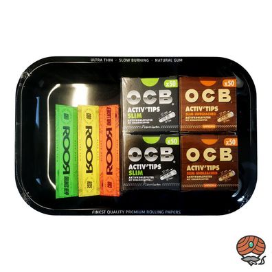 OCB Set, Metall-Stopftablett schwarz, Activ Tips Slim/Unbleached, ROOR Blättchen
