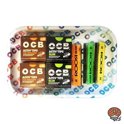 OCB Set, Metall-Stopftablett weiß, Activ Tips Slim/Unbleached, ROOR Blättchen