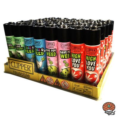Clipper Reibradfeuerzeuge Weed Slogan #11, Würfel 48 Stück