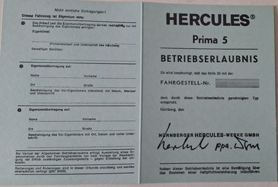 Datenblatt Betriebserlaubnis ABE Hercules Prima 5 Papiere Moped Mofa