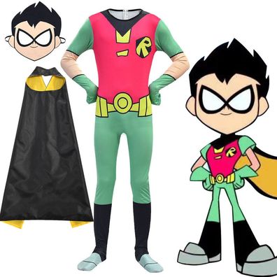 Cosplay Teen Titans Robin Kinder Maske Jumpsuit Cape Halloween Karneval Anzuge