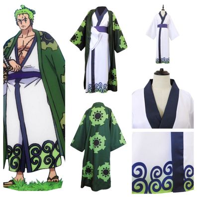 Anime One Piece Roronoa Zoro Cosplay Halloween Kostum Kimono Robe FullSet
