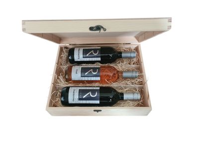 Holzbox mit Verschluss dazu 3 Flaschen Wein Rosé, Welschriesling und Cardonnay