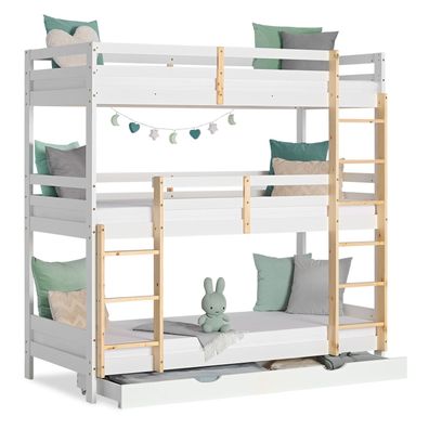 Kinderbett Etagenbett 90x200 cm Dreifachbett Hochbett mit Bettkasten Weiß Holz