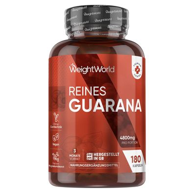 Pure Guarana Kapseln - 4800mg Guarana Pulver pro Portion - 180 Stück- WeightWorld