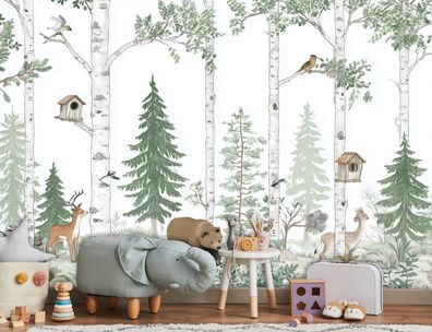 Vlies Fototapete Kinderzimmer Wald Natur Bär Birken Vögel TAPETE XXL Mädchen Jungen