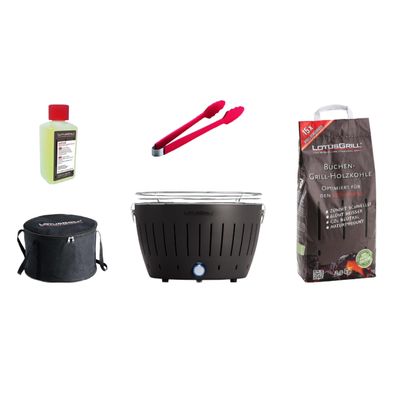 LotusGrill Starter-Set Classic 1x Grill Anthrazitgrau mit USB-Anschluß, 1x Buchenh