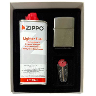 Zippo Feuerzeug Geschenkset chrom gebürstet Feuersteine Benzin Geschenkbox
