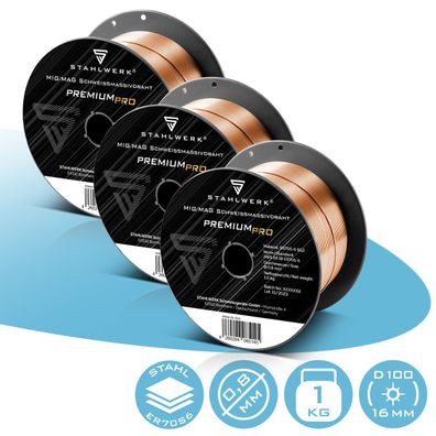 Stahlwerk Schweißdraht MIG MAG ER70S-6 0,8 mm 1 kg D100 Drahtrolle 3er Set