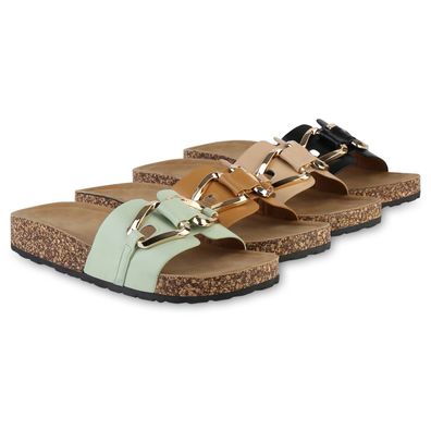 VAN HILL Damen Pantoletten Sandalen Bequeme Korkoptik Profil-Sohle Schuhe 841556