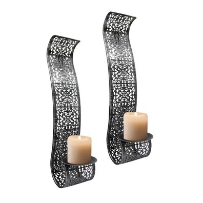 Dekoratives 2er Set Wandkerzenhalter für Stumpenkerzen aus Metall Schwarz/silber