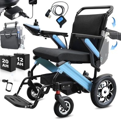 50KM Rollstuhl Elektrisch Faltbar mit 20AH+12AH Batterien Tragfähigkeit 120KG