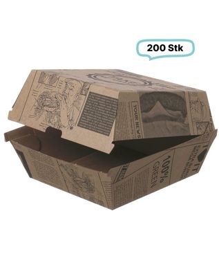 Hamburger-Box Wellpappe, 200 Stück, to go, take away, Newspaper- Designe, recyclebar,