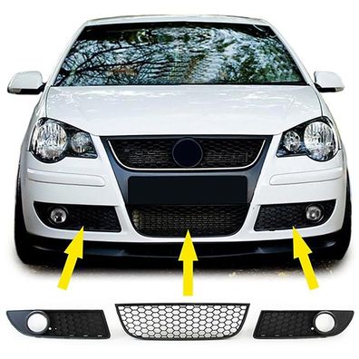 Waben Grill Kühlergrill Einsatz + Nebelscheinwerfer Blenden für VW Polo 9N3