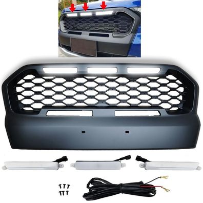 Waben Kühlergrill Sport Schwarz mit LED passt für Ford Ranger T7 16-19 2.2 3.2
