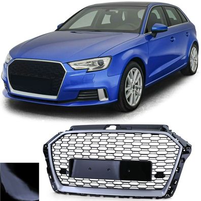 Sport Kühlergrill Wabengrill Schwarz Glanz Silber für Audi A3 8V 16-20 ohne ACC