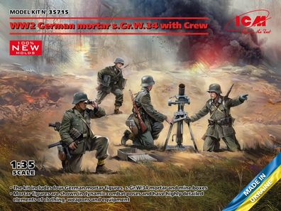 ICM 1:35 35715 WW2 German mortar GrW 34 w. Crew (mortar a.4 figures)(100% new molds)