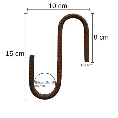 Betonstahl-S-Haken Ø 8 mm - 8 x 15 x 8 cm, 100 Stück, Baustahl