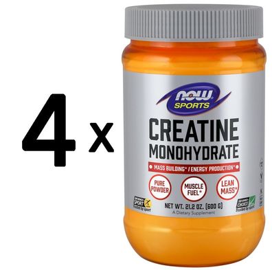 4 x NOW Foods Creatine Monohydrate, 100% Pure Powder - 600g