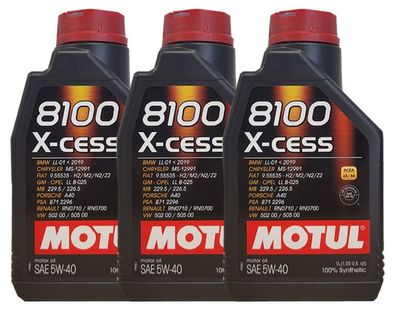Motul 8100 X-cess 5W-40 3x1 Liter Motoröl MB 229.5, PSA 2296, RN700, VW 502 00