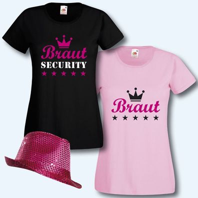 T-Shirt mit Paillettenhut, Braut Security, JGA, XS-XXL, Junggesellenabschied
