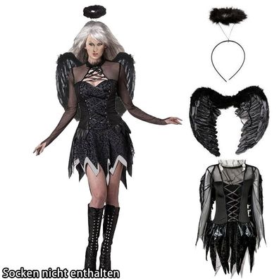 Damen Halloween Cosplay Kostum Dark Fallen Angel Schwarz Erwachsene Fancy Kleid