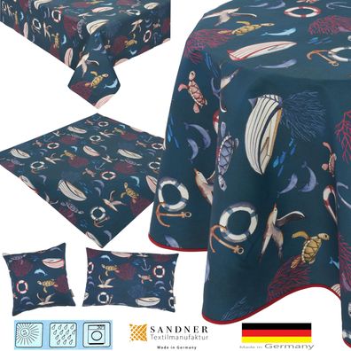 Tischdecke Kissenbezug Tafeltuch Maritim Stoff Beschichtet Ozean Made in Germany