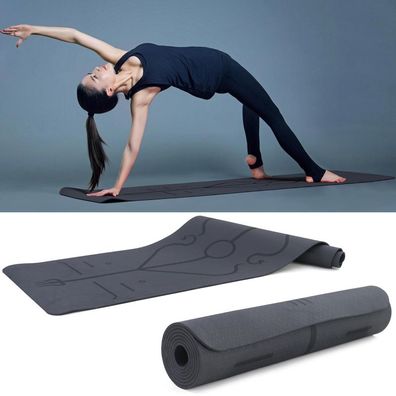 Premium Yogamatte mit Symbolen TPE Schwarz 182x61cm auch für Fitness Pilates
