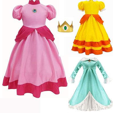 Kinder Prinzessin Peach Kleid Mario Damen Kostum-Set Karneval Cosplay Halloween