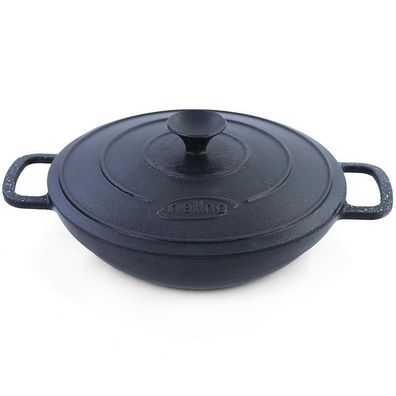 28cm Wok Pfanne Gusseisen Antihaftbeschichtet mit Deckel Massiv 4,7kg