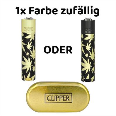 Clipper Metall Leaves Gold/Schwarz Reibradfeuerzeug Metallbox, Farbe zufällig