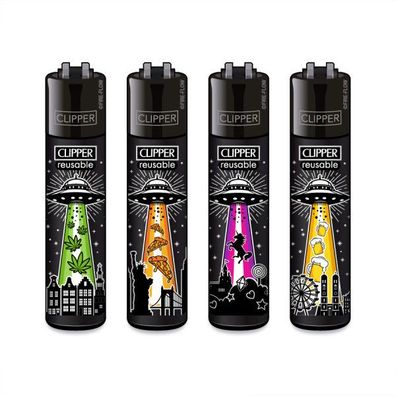 Clipper Reibradfeuerzeuge Ufos, 4 Stück