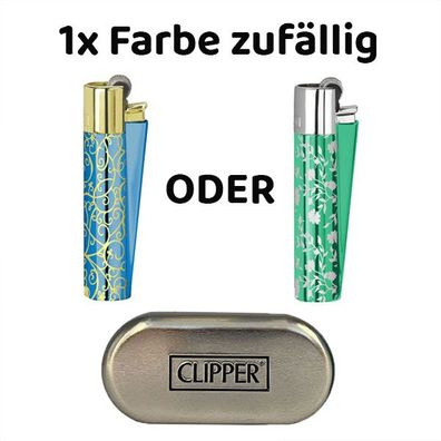 Clipper Metall Blau oder Grün Pattern Reibradfeuerzeug + Metallbox, zufällig