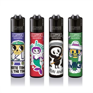Clipper Reibradfeuerzeuge Sticker Skulls, 4 Stück