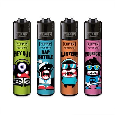 Clipper Reibradfeuerzeuge Music Monseterz, 4 Stück