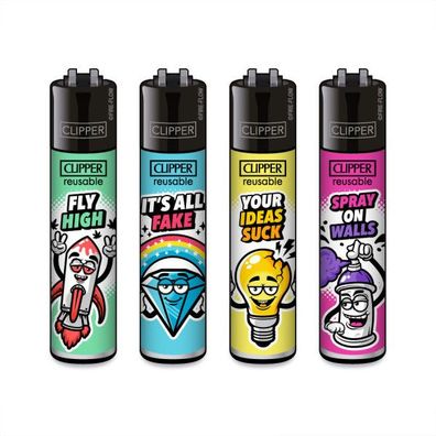 Clipper Reibradfeuerzeuge Snappy Slogan, 4 Stück