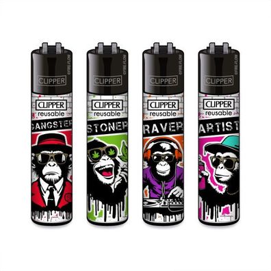 Clipper Reibrad Feuerzeuge Urban Chimp, 4 Stück