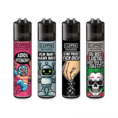Clipper Reibrad Feuerzeuge Mix Slogan #11, 4 Stück