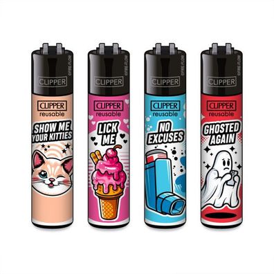 Clipper Reibrad Feuerzeuge Mix Slogan #12, 4 Stück