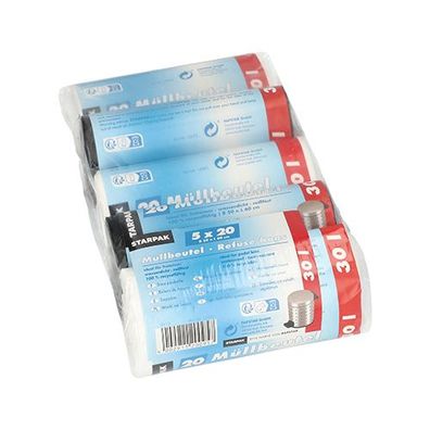 5 x 100 Müllbeutel, HDPE 30 l 60 cm x 50 cm farbig sortiert