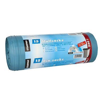 4 x 15 Müllsäcke, LDPE 240 l 125 cm x 100 cm blau extra stark und extra reißfest