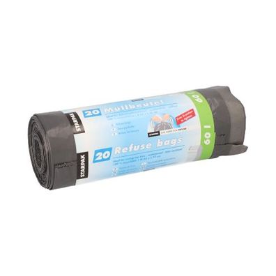 12 x 20 Müllsäcke mit Zugband, LDPE 60 l 75 cm x 65 cm grau
