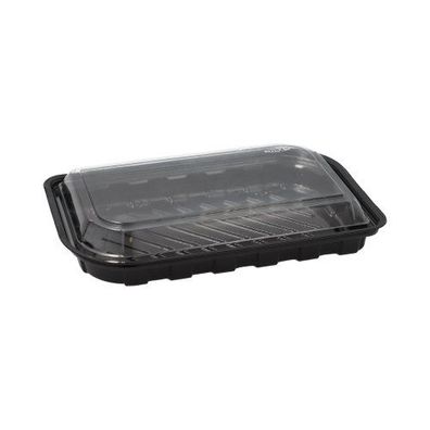 14 x 50 Sushi-Schalen R-PET rechteckig 21 cm x 13 cm x 4,3 cm schwarz mit transparent