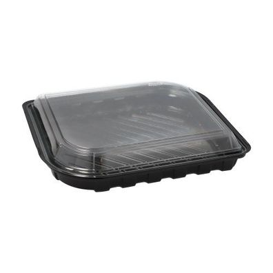 12 x 50 Sushi-Schalen R-PET rechteckig 21 cm x 18 cm x 4,3 cm schwarz mit transparent