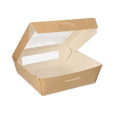 4 x 25 Feinkostboxen, Pappe mit Sichtfenster aus PLA eckig 1000 ml 16 cm x 16 cm x 5