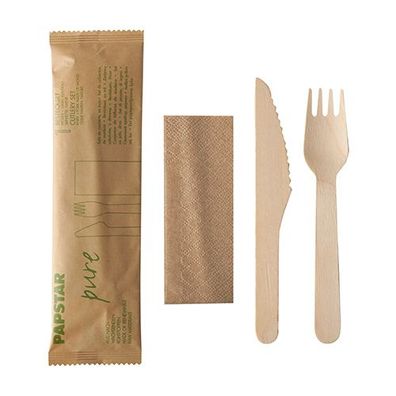 50 x Besteckset, Holz "pure" : Messer, Gabel, Serviette in Papierbeutel