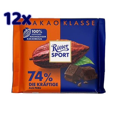 Ritter Sport - Die Kräftige 74% Kakao Schokolade, 12x 100g