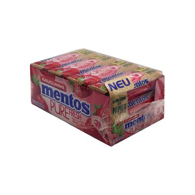 Mentos Pure Fresh Erdbeer Kaugummi, Kiste mit 12 Rollen à 31g