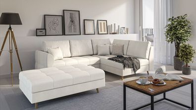 Charlotte - Ecksofa und Fußhocker mit Holzfüßen im skandinavischen Stil