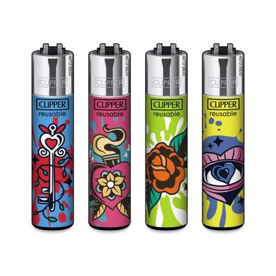 Clipper Reibrad Feuerzeuge Simple Tatts, 4 Stück